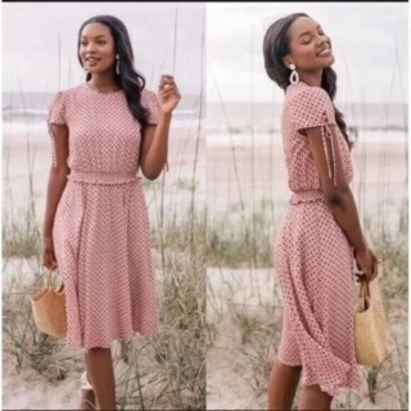 NWT Gal Meets Glam Corinne Mauve Polka Dot Cinch Waist A-line Dress Size 18 - Picture 1 of 7